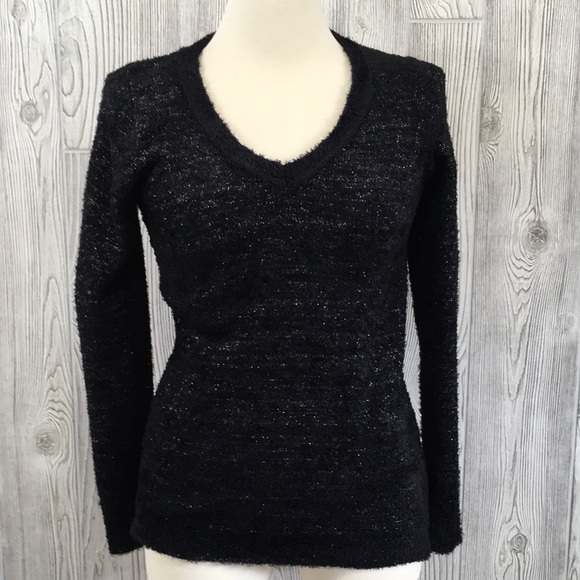 NY collection black metallic silver fuzzy vneck sweater small - Picture 1 of 11